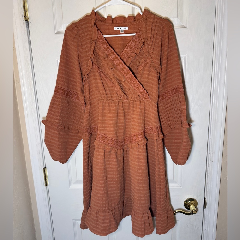 Love Olive Co Rust Ruffle Boho‎ Mini Dress – Size XXS